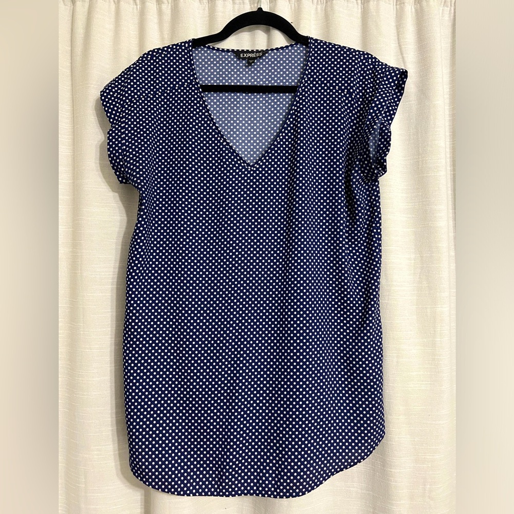 v neck blouse from Express in navy with white polka dots